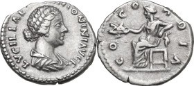 Lucilla, wife of Lucius Verus (died 183 AD). AR Denarius, 164-180. Obv. Draped bust right. Rev. Concordia seated left, holding patera and resting elbo...