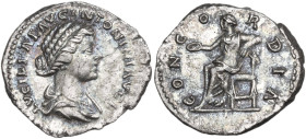 Lucilla, wife of Lucius Verus (died 183 AD). AR Denarius, 164-180. Obv. Bust of Lucilla, bare-headed, hair waved and fastened in a bun on back of head...