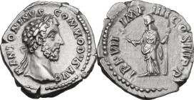 Commodus (177-193). AR Denarius, 181-182. Obv. Laureate head right. Rev. Felicitas standing left, holding caduceus and sceptre. RIC III 29b. AR. 3.01 ...