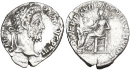 Commodus (177-193). AR Fourreè (?) Denarius, 192 AD. Obv. Laureate head right. Rev. Pietas seated left, extending hand to child and holding scepter. R...