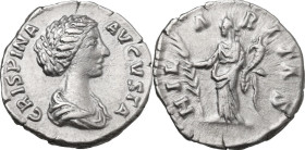 Crispina, wife of Commodus (died 183 AD). AR Denarius, 178-191. Obv. Draped bust right. Rev. Hilaritas standing left, holding palm and cornucopiae. RI...