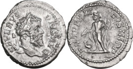 Septimius Severus (193-211). AR Denarius, 205 AD. Obv. Laureate head right. Rev. Jupiter standing left, holding thunderbolt and sceptre; to left, eagl...