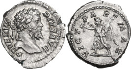 Septimius Severus (193-211). AR Denarius, 202-210. Obv. Head of Septimius Severus, laureate, right. Rev. Victory, winged, draped, advancing left, hold...