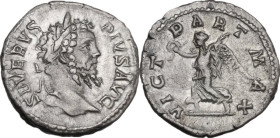 Septimius Severus (193-211). AR Denarius, 202-210. Obv. Laureate head right. Rev. Victory advancing left, holding wreath and palm. RIC IV 295. AR. 3.4...