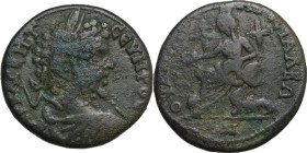Septimius Severus (193-211). AE 26 mm, Anchialus mint (Thrace). Obv. Laureate, draped and cuirassed bust right. Rev. Cybele seated left, holding pater...