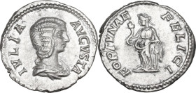 Julia Domna (died 217 AD). AR Denarius, 196-211. Obv. Draped bust right. Rev. Fortuna standing left, holding cornucopiae and resting elbow on rudder. ...