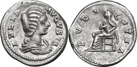 Julia Domna (died 217 AD). AR Denarius, Laodicea ad Mare mint, 196-202. Obv. Bust right, draped. Rev. Pudicitia seated left, resting right hand on bre...