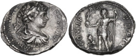 Caracalla (198-217). AR Denarius, 199 AD. Obv. IMP CAES M AVR ANTON AVG. Laureate, draped and cuirassed bust right. Rev. PONTIFEX TR P II. Caracalla s...