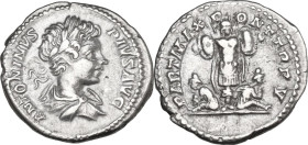 Caracalla (198-217). AR Denarius, 202 AD. Obv. Laureate and draped bust right. Rev. Trophy; at foot, two seated captives. RIC IV 63. AR. 3.40 g. 19.00...