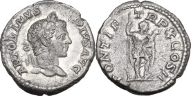 Caracalla (198-217). AR Denarius, 207 AD. Obv. Laureate head right. Rev. Emperor standing right in military attire, left foot on helmet, holding spear...
