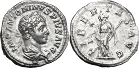 Elagabalus (218-222). AR Denarius. Obv. Bust right, laureate, draped, cuirassed. Rev. Libertas standing left, holding pileus and rod; to left, star. R...