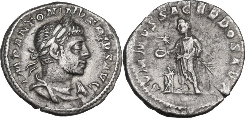 Elagabalus (218-222). AR Denarius. Obv. Laureate and draped bust right. Rev. Emp...