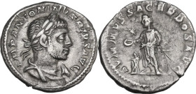 Elagabalus (218-222). AR Denarius. Obv. Laureate and draped bust right. Rev. Emperor standing left, holding patera and branch; to left, star and tripo...