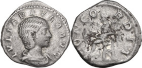 Julia Paula, first wife of Elagabalus (218-222). AR Denarius, 219-220. Obv. Draped bust right. Rev. Concordia seated left, holding patera; to left, st...