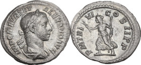 Severus Alexander (222-235). AR Denarius, 227 AD. Obv. Laureate and draped bust right. Rev. Pax advancing left, holding branch and sceptre. RIC IV 67....