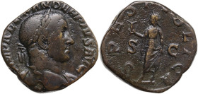 Severus Alexander (222-235). AE Sestertius, 231-235. Obv. Bust of Severus Alexander, laureate, draped over left shoulder, right. Rev. Spes, draped, wa...