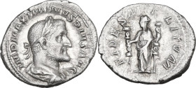 Maximinus I (235-238). AR Denarius, 235-236. Obv. Laureate, draped and cuirassed bust right. Rev. Fides standing left, holding a standard in each hand...