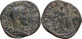 Maximinus I (235-238). AE Sestertius, 235-236. Obv. Laureate, draped and cuirassed bust right. Rev. Providentia standing left, holding wand over globe...