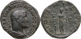 Maximinus I (235-238). AE Sestertius, 236-238. Obv. Laureate, draped and cuirassed bust right. Rev. Fides standing left, holding a standard in each ha...