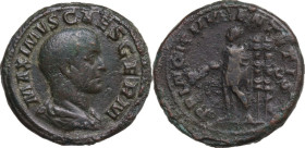 Maximus (235-238). AE As. Obv. Bust of Maximus, bare-headed, draped, right. Rev. Maximus, in military attire, standing left, holding baton in right ha...