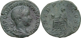 Gordian III (238-244). AE Sestertius, 240 AD. Obv. Bust of Gordian III, laureate, draped, cuirassed, right. Rev. Gordian III, laureate, togate, seated...