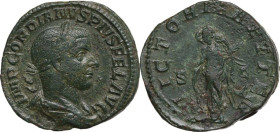 Gordian III (238-244). AE Sestertius, 244 AD. Obv. Bust of Gordian III, laureate, draped, cuirassed, right. Rev. Victory, winged, draped, standing lef...