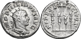 Philip I (244-249). AR Antoninianus, 247-249. Obv. Bust right, radiate, draped, cuirassed. Rev. Four standards. RIC IV 62. AR. 4.19 g. 22.00 mm. About...