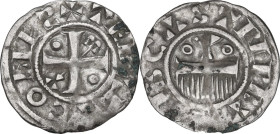 France. Thibaut II (1125-1152). BI denier. Obv. cross pattée; pellet in first and fourth quarters; ω in third quarter and Λ in second joined by line. ...