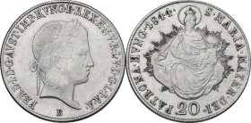 Hungary. Ferdinand V (1835-1848). AR 20 Krajcár, Kremnitz mint, 1844. KM 422. AR. 6.60 g. 26.00 mm. About VF.