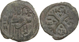 Italy. Ruggero II (1105-1154). AE Follaro, Sicily. Sp. 54; MEC 14, 162. AE. 4.00 g. 20.00 mm. VF.