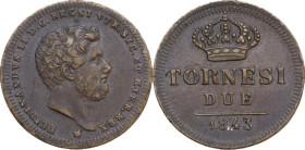 Italy. Ferdinando II (1830-1859). AE 2 Tornesi, Naples and Sicily. KM 327. AE. 6.50 g. 24.00 mm. Brown patina. About EF.