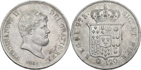 Italy. Ferdinando II di Borbone (1830-1859). AR 120 grana or piastra 1857, Napoli mint. P/R 86; MIR (Napoli) 503/6. AG. 27.47 g. 37.00 mm. Warm toning...