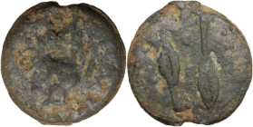 Dioscuri/Mercury series. AE Cast Quadrans, c. 280 BC. Obv. Right hand; at left, three pellets. Rev. Two barley-grains; between, three pellets. Cr. 14/...