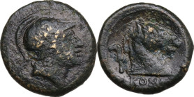 Anonymous sickle series. AE Litra, 241-235 BC. Obv. Helmeted head of Mars right. Rev. Head of horse right; behind, sickle. Cr. 25/3. AE. 3.30 g. 15.50...