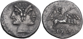 Anonymous. AR Quadrigatus, c. 225-214 BC. Obv. Laureate Janiform head of Dioscuri. Rev. Jupiter, holding sceptre and hurling thunderbolt, in fast quad...