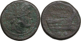 Anonymous. AE Sextans, 217-215 BC. Obv. Head of Mercury right, wearing winged petasus. Rev. Prow right; below, two pellets. Cr. 38/5. AE. 29.50 g. 31....