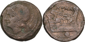 Anonymous semilibral series. AE Uncia, 217-215 BC. Obv. Helmeted head of Roma left; behind, pellet. Rev. Prow right; below, pellet. Cr. 38/6. AE. 12.5...