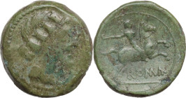 Anomalous Semilibral series. AE Semuncia, 217-215 BC. Obv. Draped and turreted female bust right. Rev. Horseman right, holding whip. Cr. 39/5. AE. 6.6...