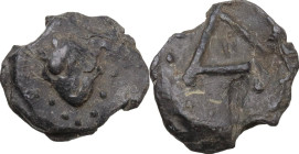 Kievan Rus. Kievan Rus', Chernihov, Imitation of David Sviatoslavich's (1097-1123). Fur money seal. Obv. Corrupted image of King David. Rev. Д-shaped ...