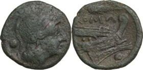 Anonymous. AE Uncia, uncertain mint in Sicily, 214-212 BC. Obv. Helmeted head of Roma right; behind, pellet. Rev. Prow right; above, ear of grain; bel...
