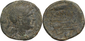 Anonymous. AE Uncia, uncertain mint in Sicily, 214-212 BC. Obv. Helmeted head of Roma right. Rev. Prow right; above, ear of grain. Cr. 38/7. AE. 5.90 ...