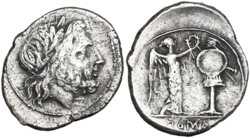 Anonymous. Victoriatus, uncertain Sicilian mint, 214-215 BC. Obv. Laureate head ...