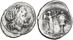 Anonymous. Victoriatus, uncertain Sicilian mint, 214-215 BC. Obv. Laureate head of Jupiter right. Rev. Victory standing right, crowning trophy; in exe...