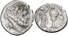 Anonymous. Victoriatus, uncertain Sicilian mint, 214-215 BC. Obv. Laureate head of Jupiter right. Rev. Victory standing right, crowning trophy; in exe...