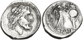 Anonymous. Victoriatus, uncertain Campanian mints, 215-211 BC. Obv. Laureate head of Jupiter right. Rev. Victory standing right, crowning trophy; in e...