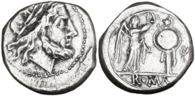Anonymous. Victoriatus, uncertain Campanian mints, 215-211 BC. Obv. Laureate head of Jupiter right. Rev. Victory standing right, crowning trophy; in e...