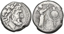 Anonymous. Victoriatus, uncertain Campanian mints, 215-211 BC. Obv. Laureate head of Jupiter right. Rev. Victory standing right, crowning trophy; in e...