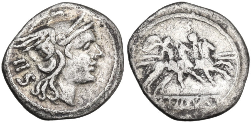 Anonymous. Sestertius, from 211 BC. Obv. Helmeted head of Roma right; behind, II...