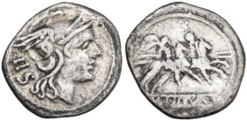 Anonymous. Sestertius, from 211 BC. Obv. Helmeted head of Roma right; behind, IIS; below neck truncation, dot. Rev. The Dioscuri galloping right; in l...
