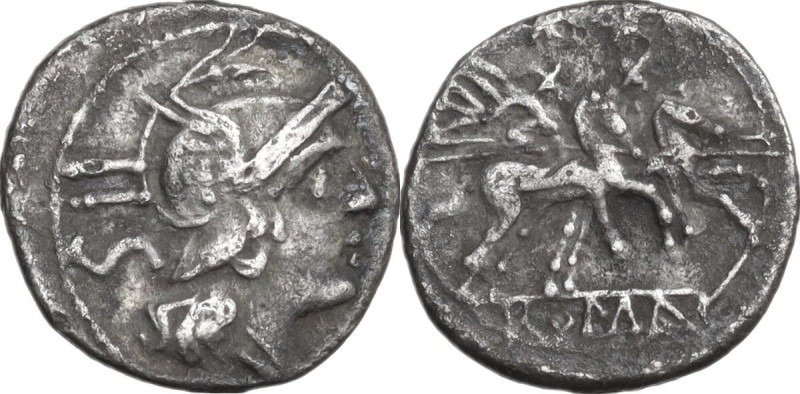 Anonymous. Sestertius, from 211 BC. Obv. Helmeted head of Roma right; behind, II...